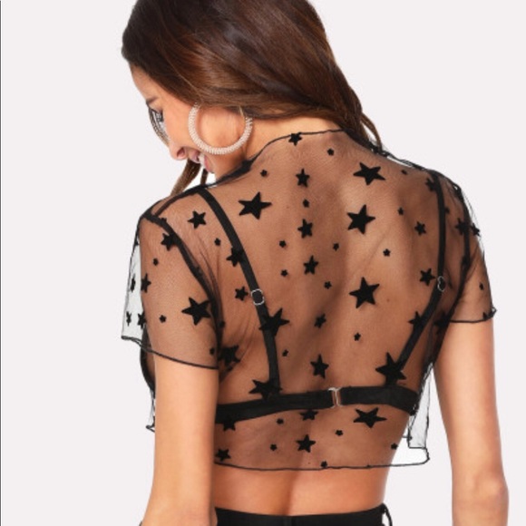 Star Print Sheer Crop Top - Picture 2 of 6